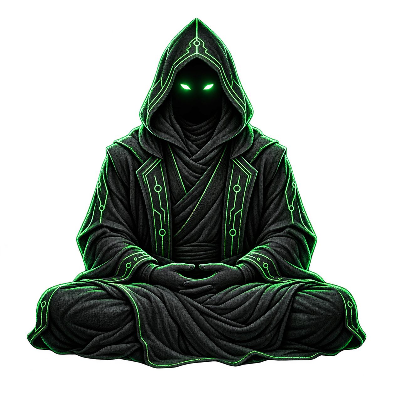 Shaolin Ghost, a hooded coder with green eyes, seated in meditation